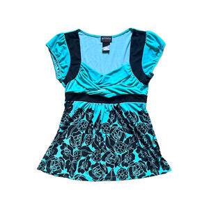 Vtg Y2K Womens Babydoll Top Size L Blue Floral Slinky Ruched Fairy Goth Feminine